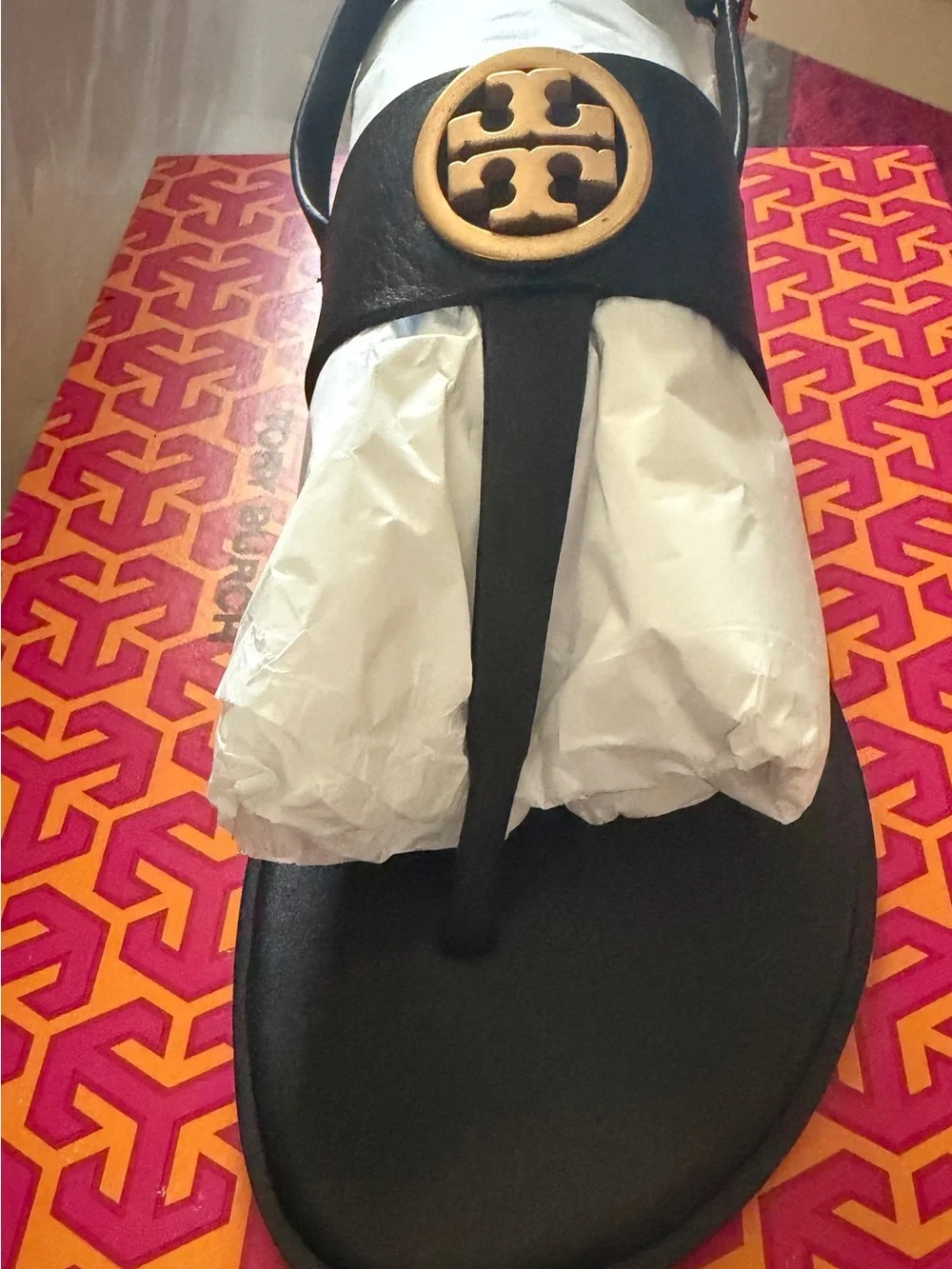 Tory Burch Black Sandal with Gold Logo Medallion for Kids